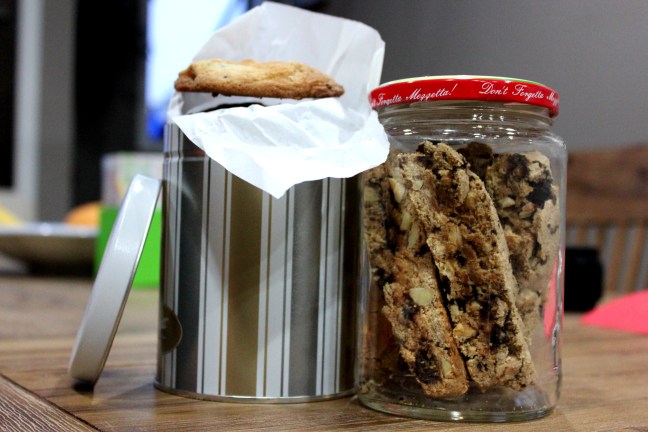 cookie tin and almond biscotti