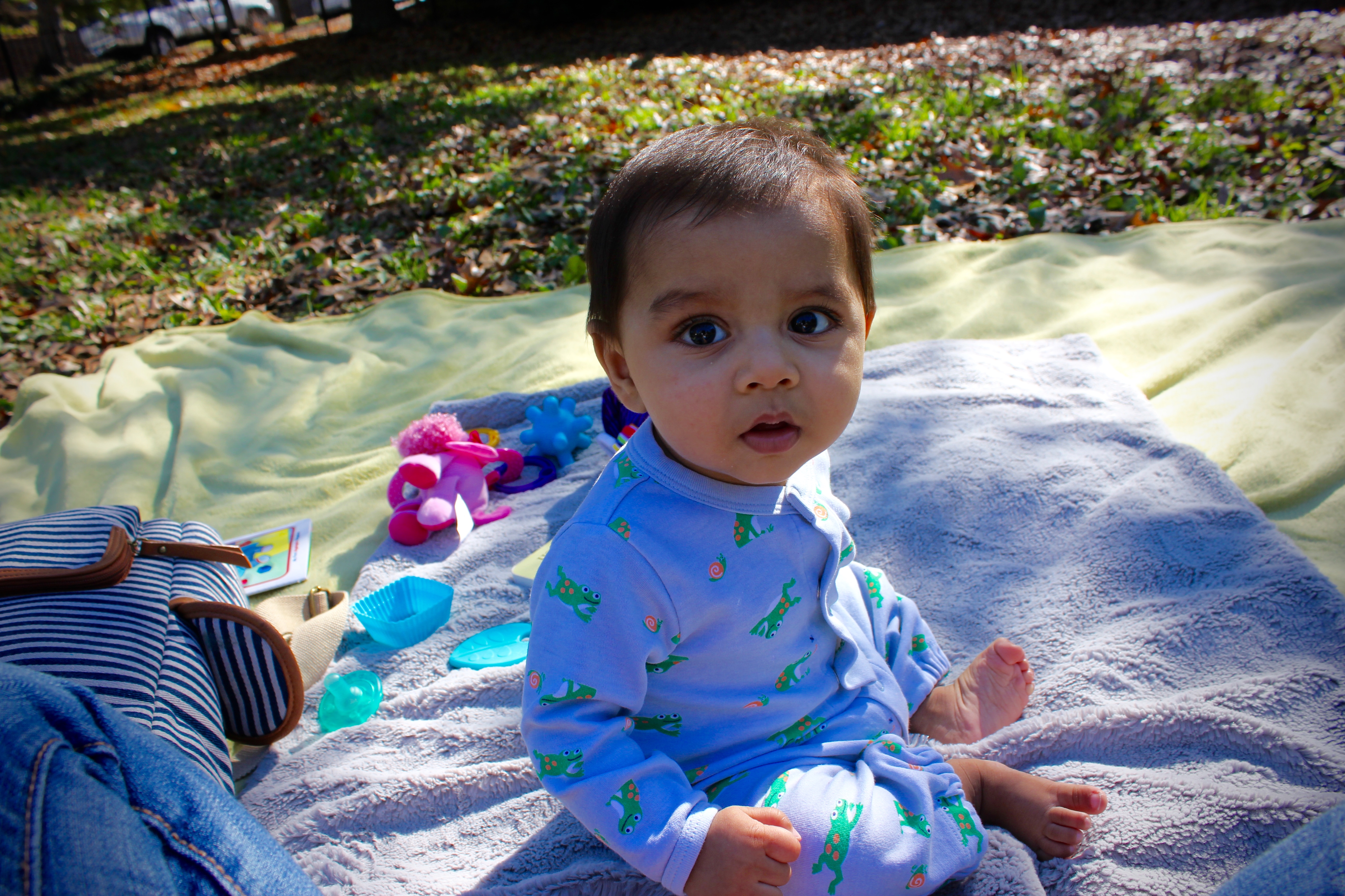 Arjun sitting on a picnic blanket in the park